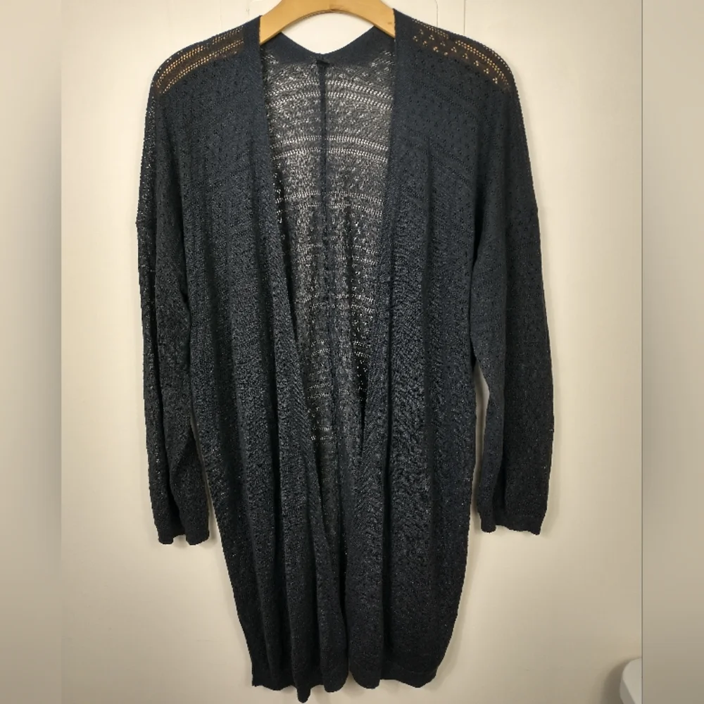 Uniqlo Womens Cardigan Sweater Black XL Linen Blend Open Front Knit Eyelet Long - Picture 8 of 8
